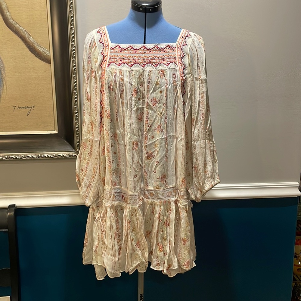Free People Dance Magic Tunic White Pink Sheer Metallic Top Dress Tie Back